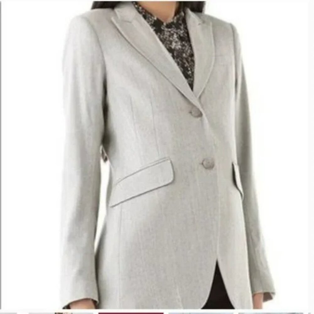 NWT Theory Wool Herringbone Fitted Blazer Removable Fox Collar Blue Gray. SZ 4 - Picture 3 of 4